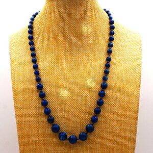 Vintage Navy Lapis Blue Jadeite Bead Graduating Necklace Silver Bead 24"
